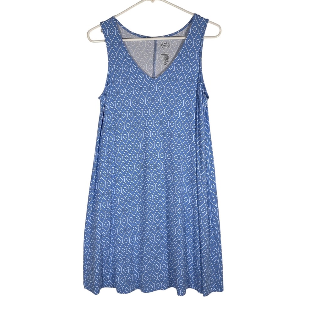 St Johns Bay Womens Blue White Geometric Diamond Swing Dress Sleeveless V-Neck S